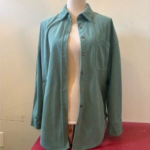 Corduroy Teal Blue Green Collared Button Up Down Jacket Shirt Shacket Top Casual